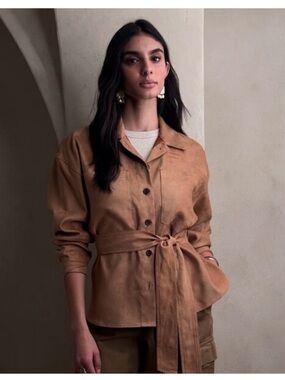 Banana Republic Factory Vegan Suede Tie-Waist Shirt Jacket - Tan